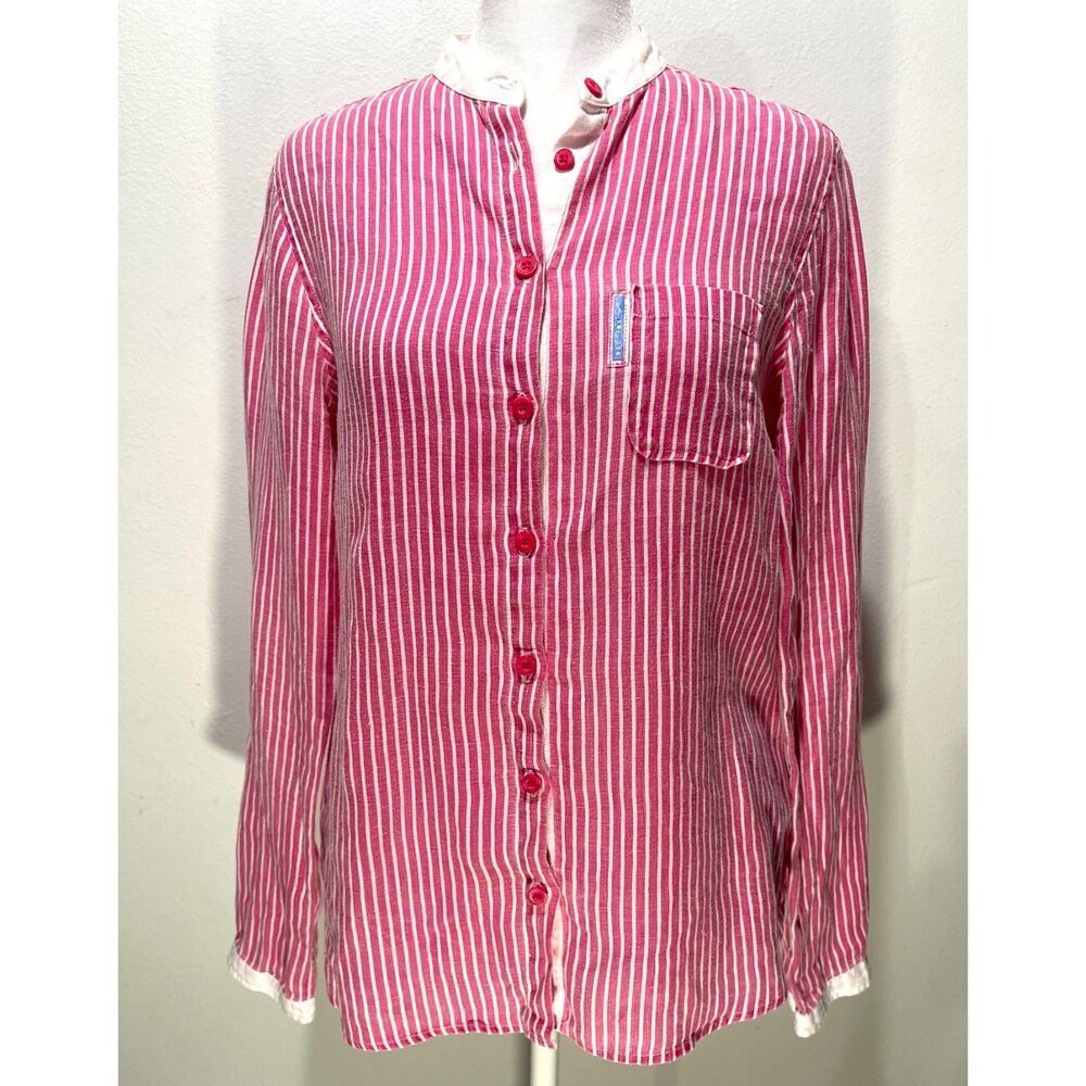 Escales Paris linen button down shirt stripes business comfy casual pink women M